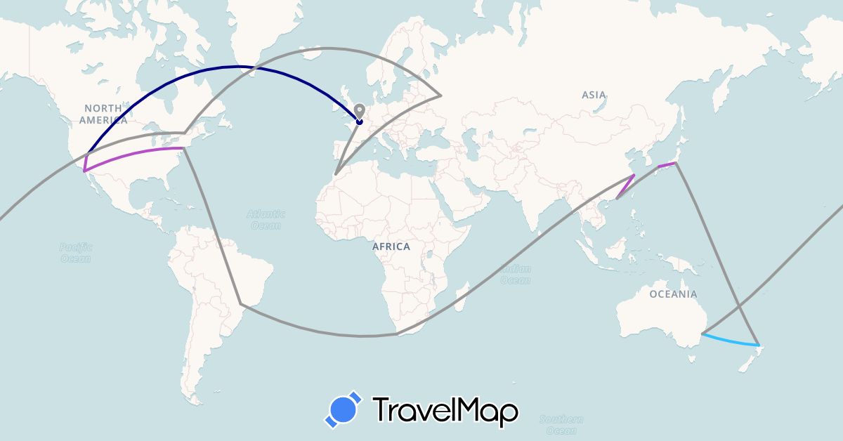 TravelMap itinerary: driving, plane, train, boat in Australia, Brazil, Canada, China, Spain, France, Hong Kong, Japan, Morocco, Madagascar, New Zealand, Russia, United States, South Africa (Africa, Asia, Europe, North America, Oceania, South America)